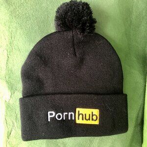 Pornhub Logo Pom-Pom Beanie Black Knit Winter Hat Adult Size Unisex Rare Merc